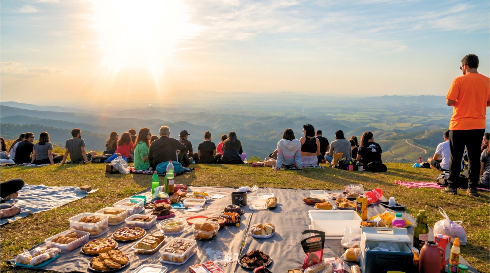 Grupo reunido no mirante ao pôr do sol com mesa de piquenique