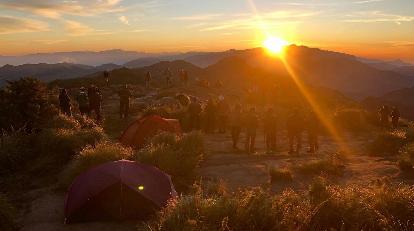 Grupo contemplando o nascer do sol dourado no topo do Pico do Marins