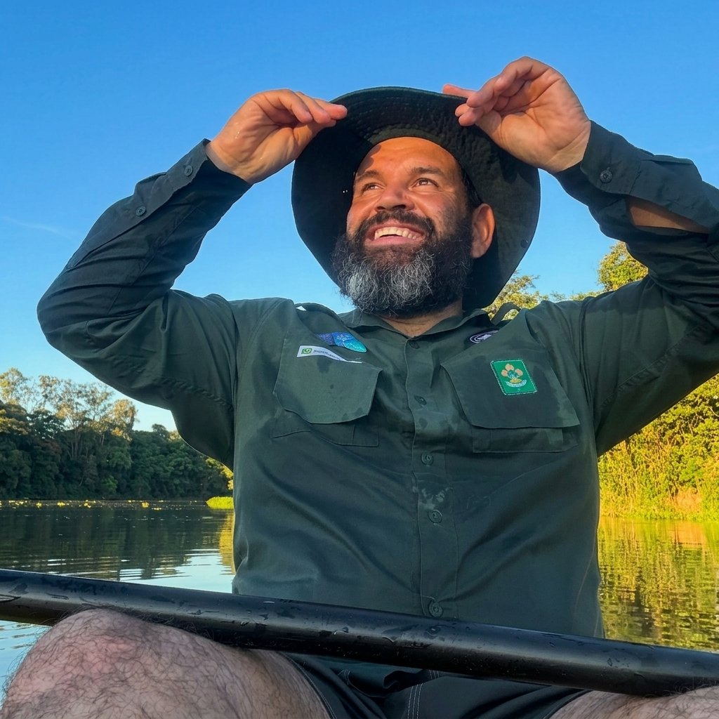 Guia sorrindo no caiaque durante a descida do Rio Paraíba ao entardecer