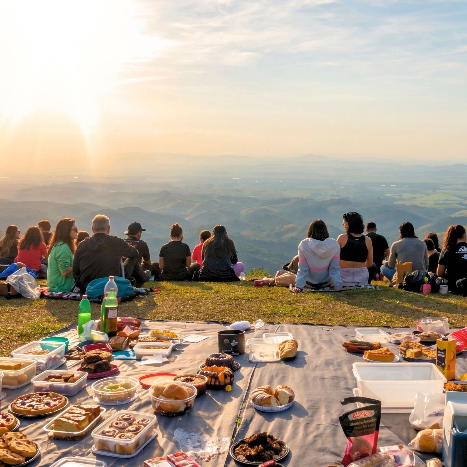 Mesa de piquenique farta no mirante ao pôr do sol