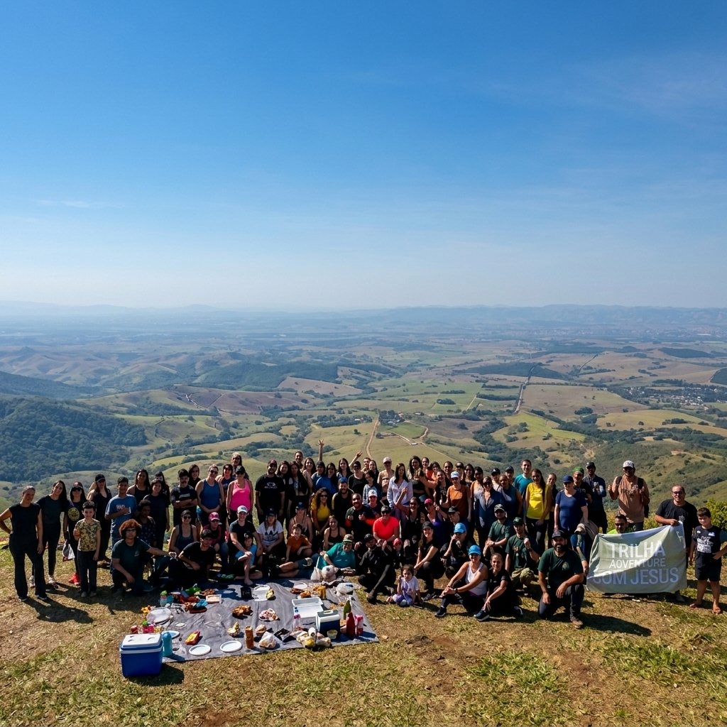 Grande grupo reunido no mirante com vista para o vale