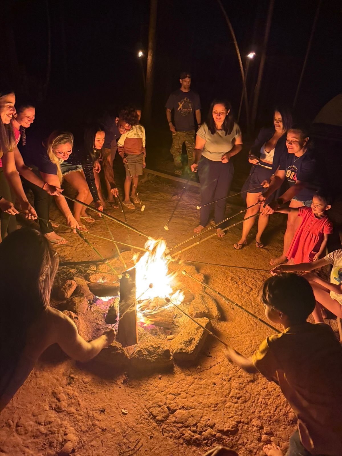 Grupo assando marshmallow na fogueira à noite