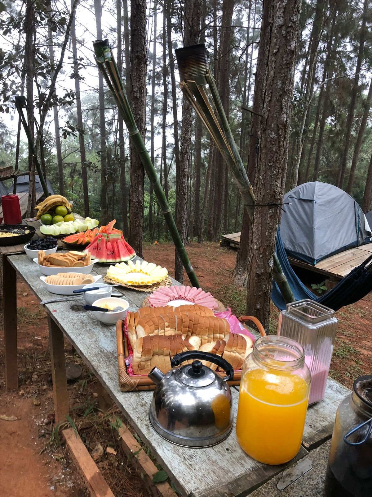 Mesa de café da manhã farta na mata com barracas ao fundo