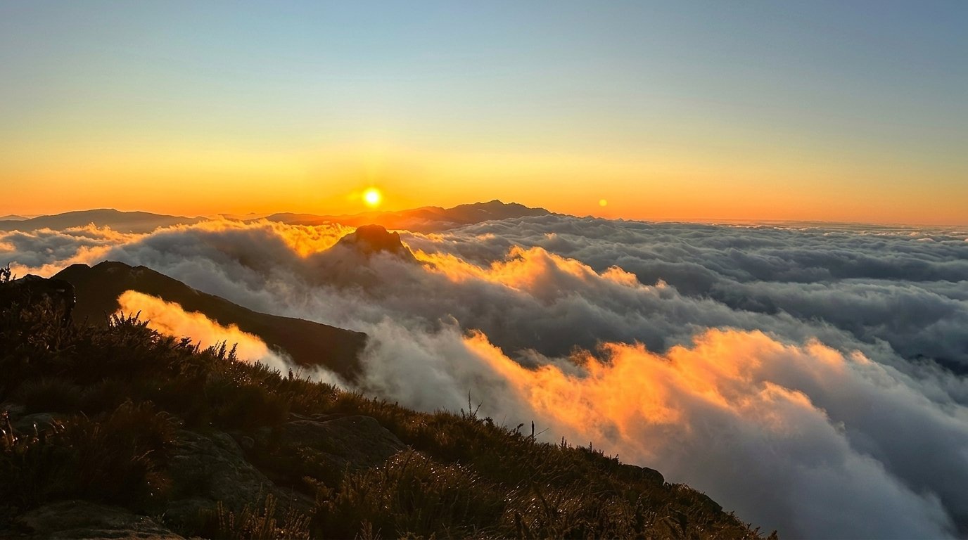 Mar de nuvens dourado com sol nascendo sobre os picos da Mantiqueira