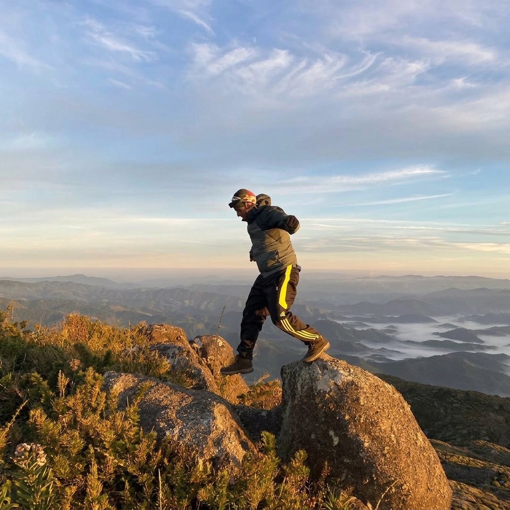 Aventureiro saltando entre rochas no cume ao amanhecer