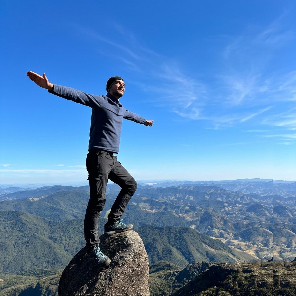 Aventureiro de braços abertos no topo de uma pedra com vista de 360° da Mantiqueira