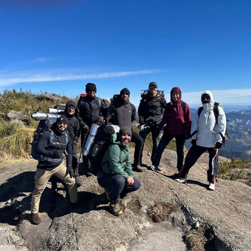 Grupo com Douglas no cume do Pico do Marins, mochilas nas costas, céu azul