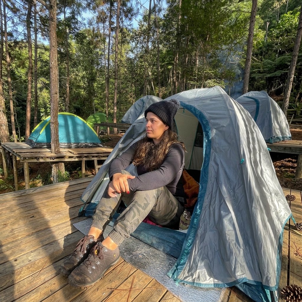 Camping na mata com barracas no deck entre os pinheiros