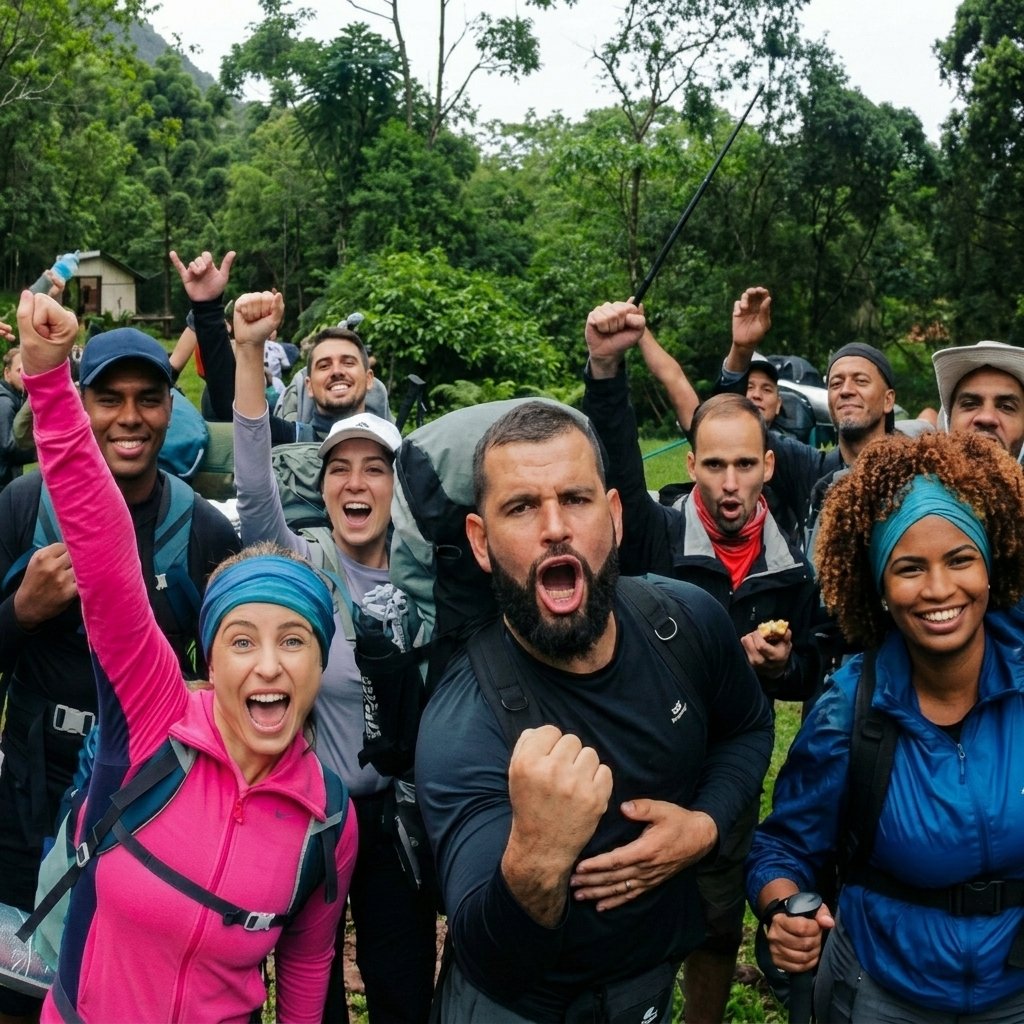 Grupo animado pronto para iniciar a trilha do Pico do Marins